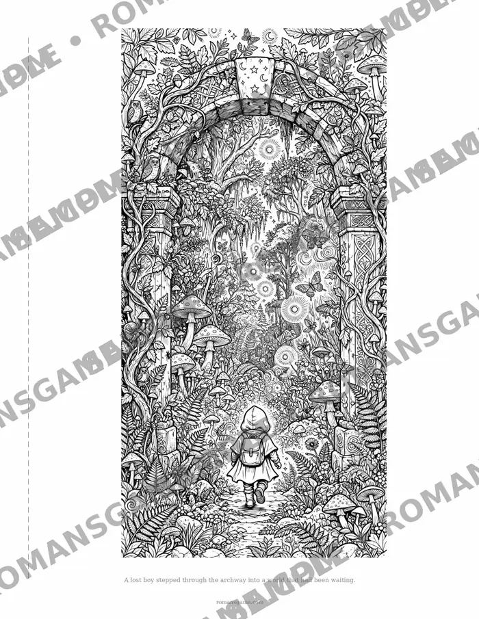 Sample coloring page: a small traveler stepping through a carved stone archway