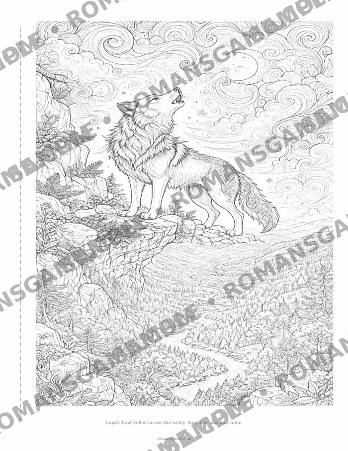Sample coloring page: Lupa howling from a cliff above the valley