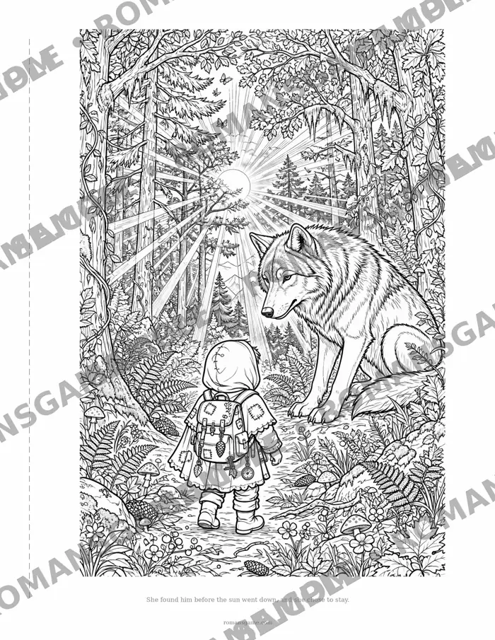 Sample coloring page: the boy meeting Lupa face to face in the forest