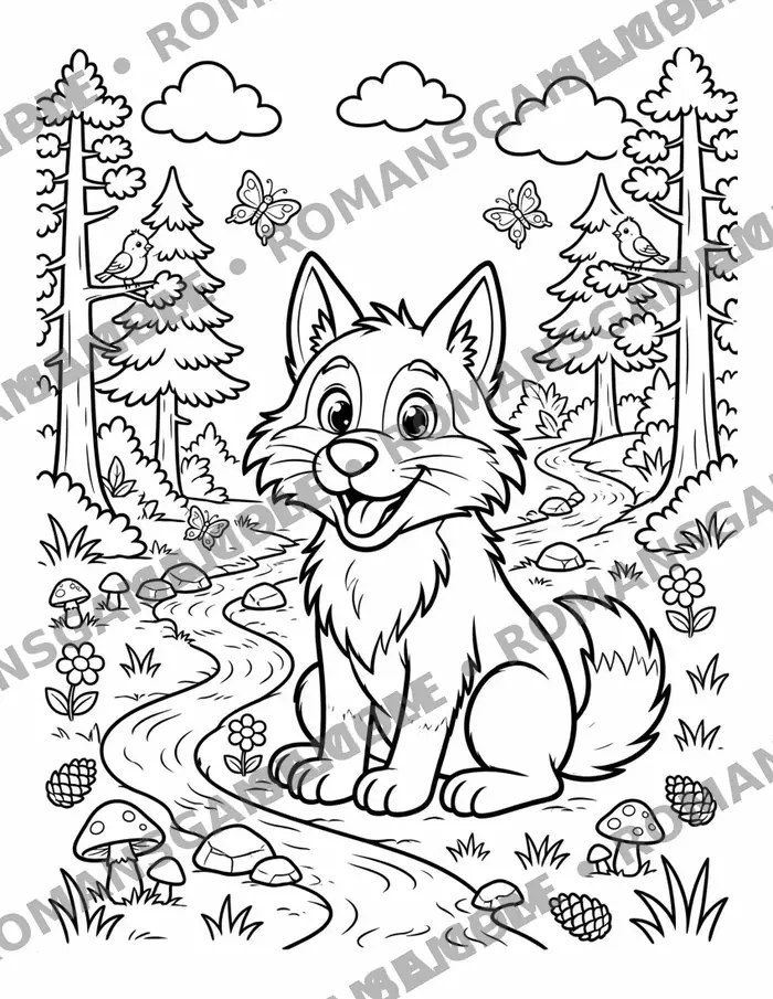 Sample coloring page: a young wolf by a forest stream