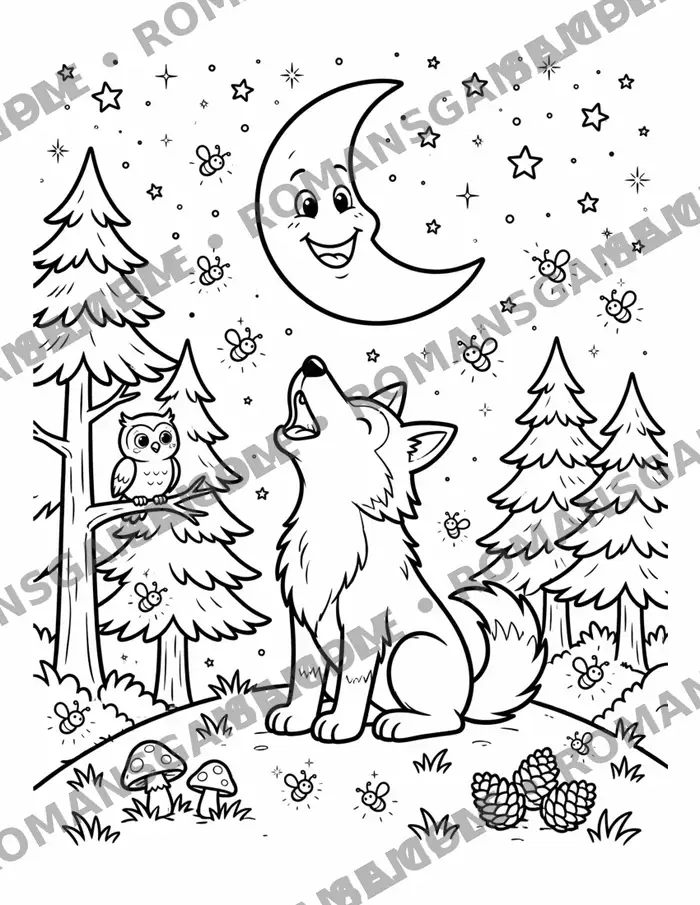 Sample coloring page: Lupa howling at a smiling moon while Nox watches from a pine tree