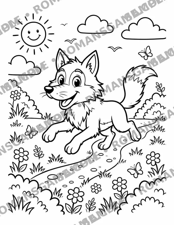 Sample coloring page: a young wolf running along a sunny path