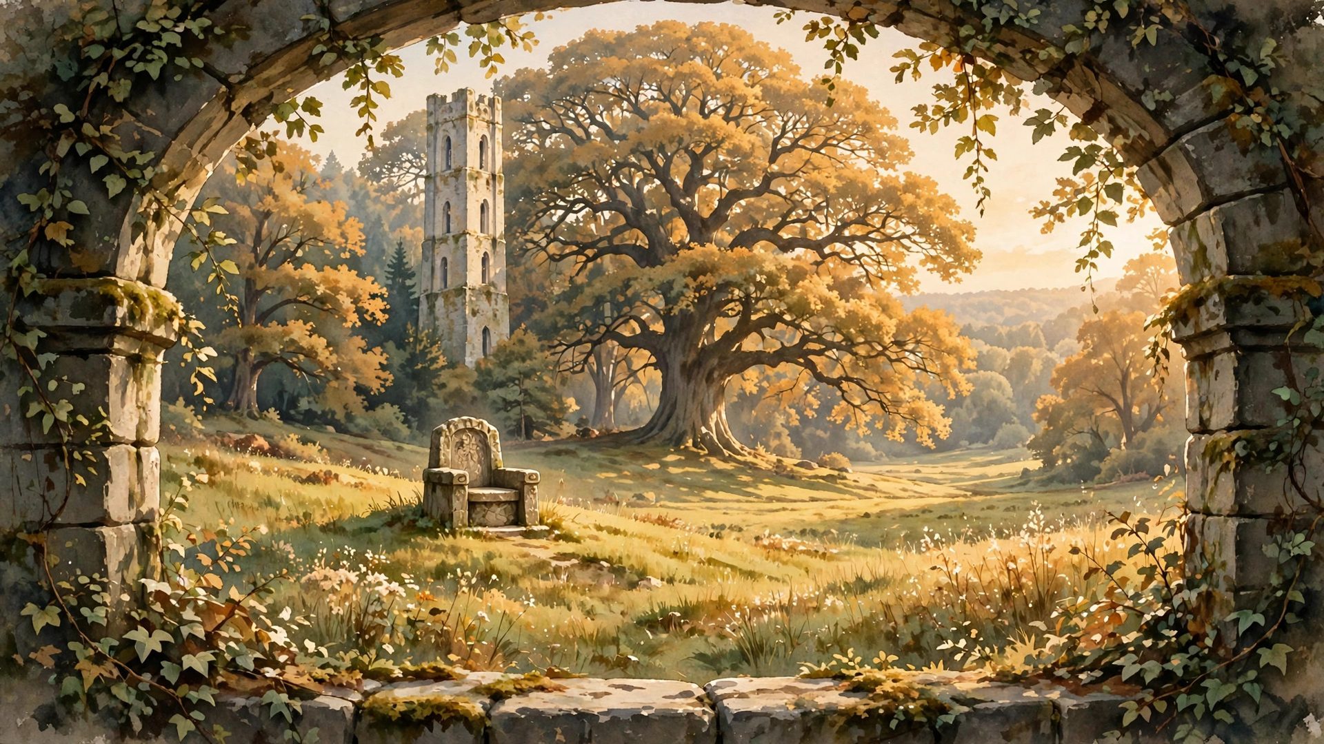 Through the ivy-covered stone archway: the clearing, the Empty Throne, the great tree and the tower in golden light