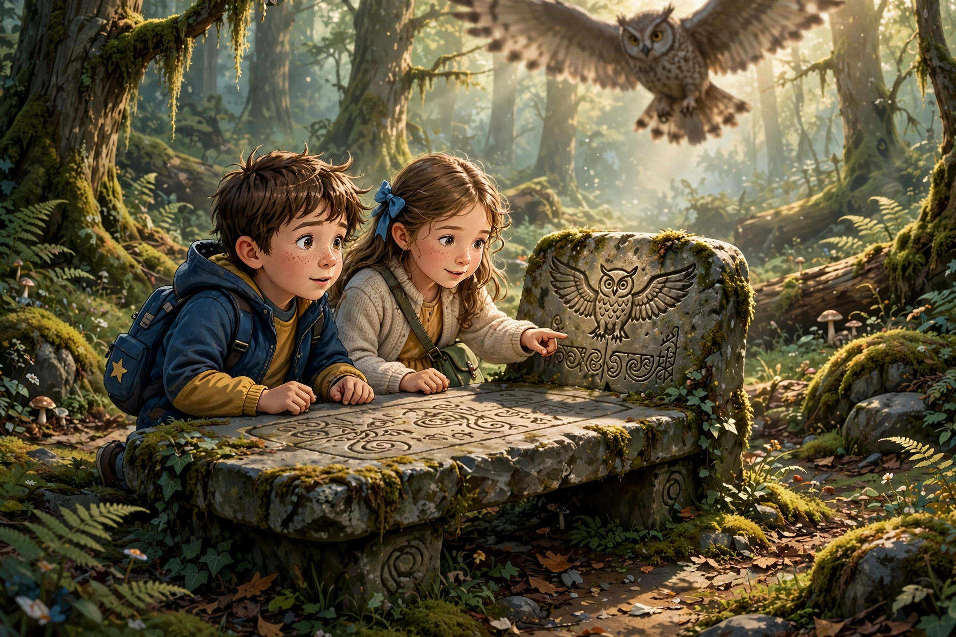 Jack and Alice discovering a carved message on the back of a stone bench in a forest grove