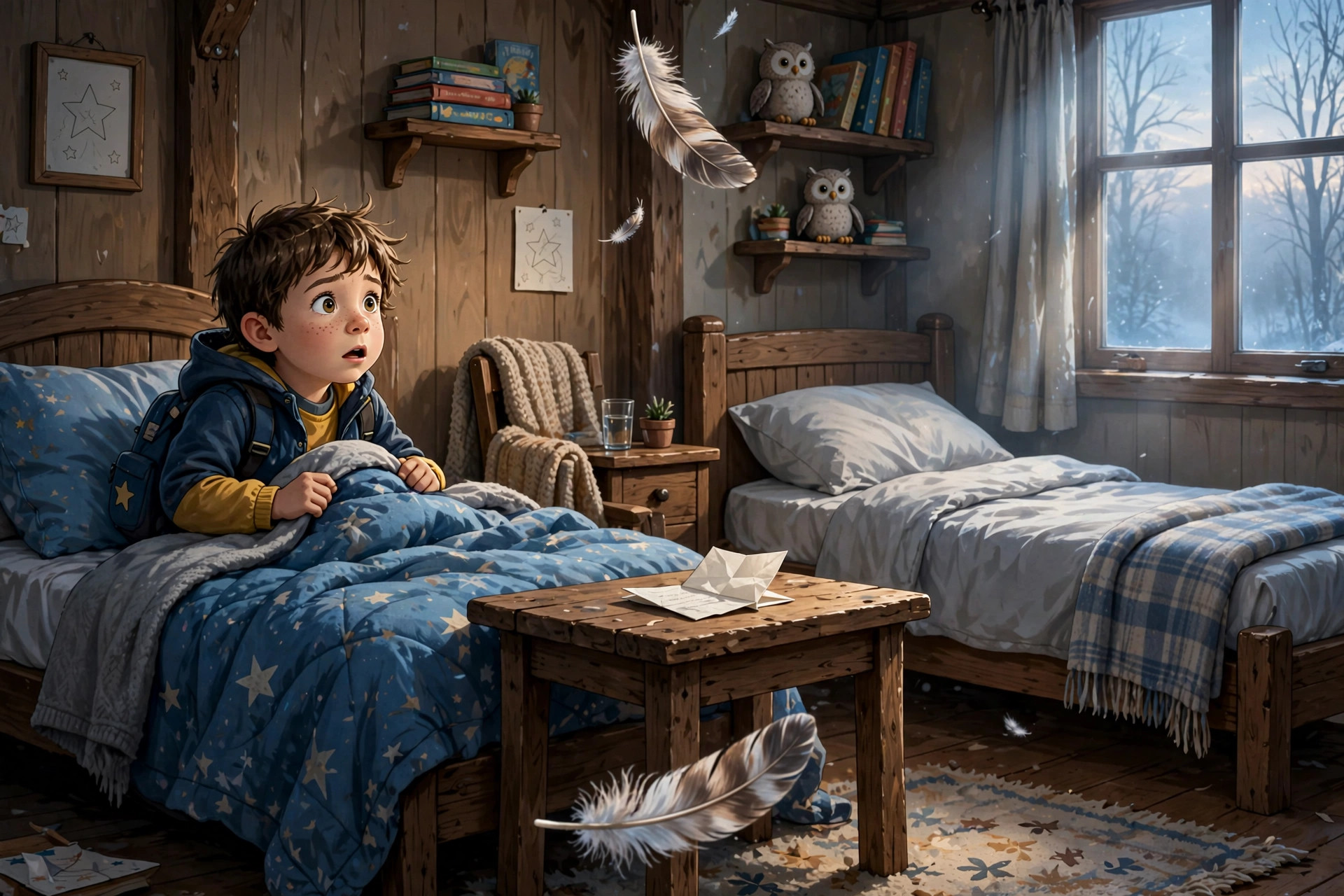 Jack discovering Alice's empty bed with a drifting owl feather