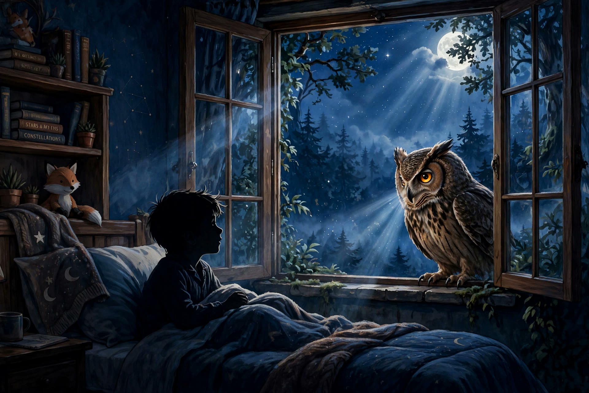 Nox the owl at a moonlit window