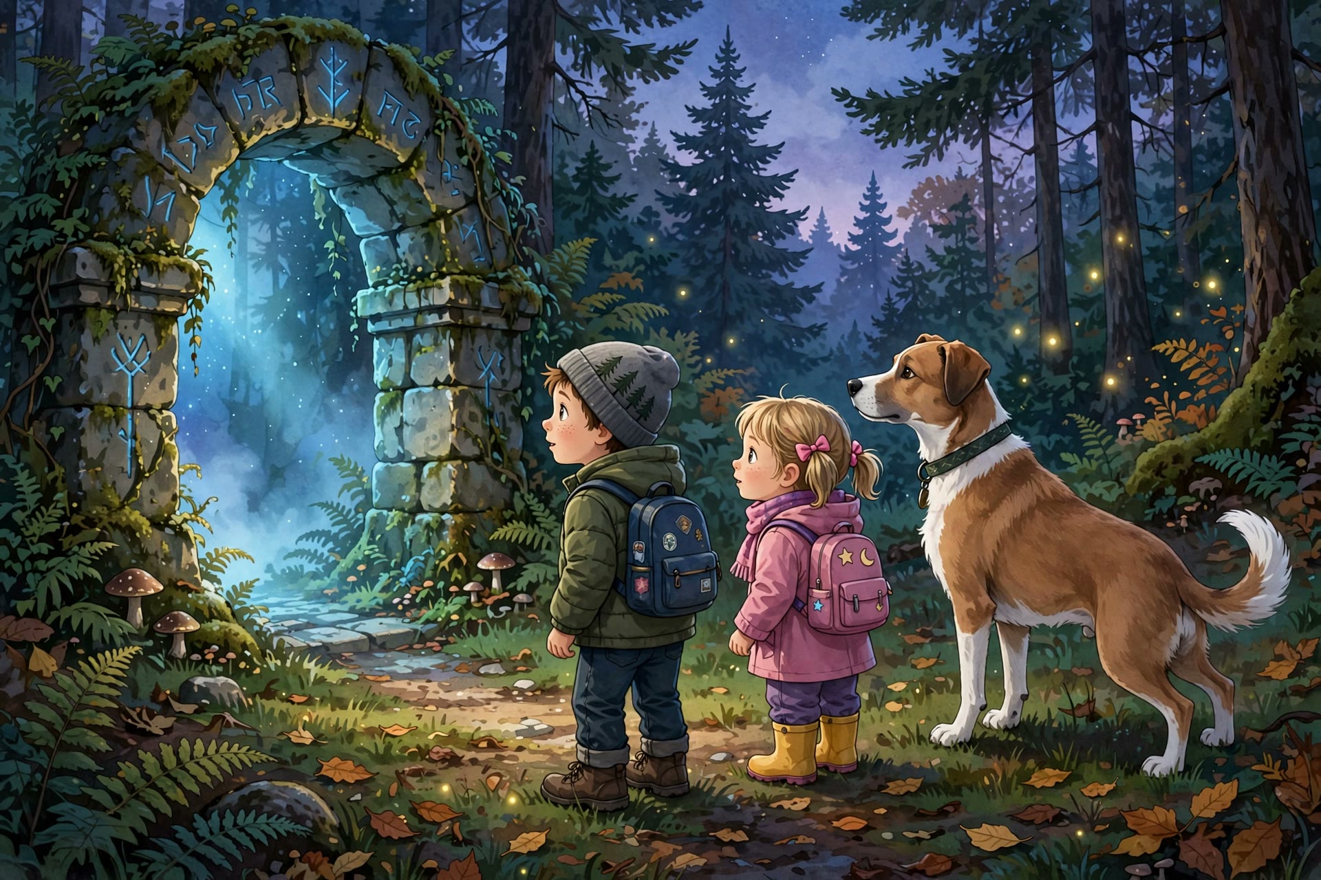 A stone archway glowing in a dark forest